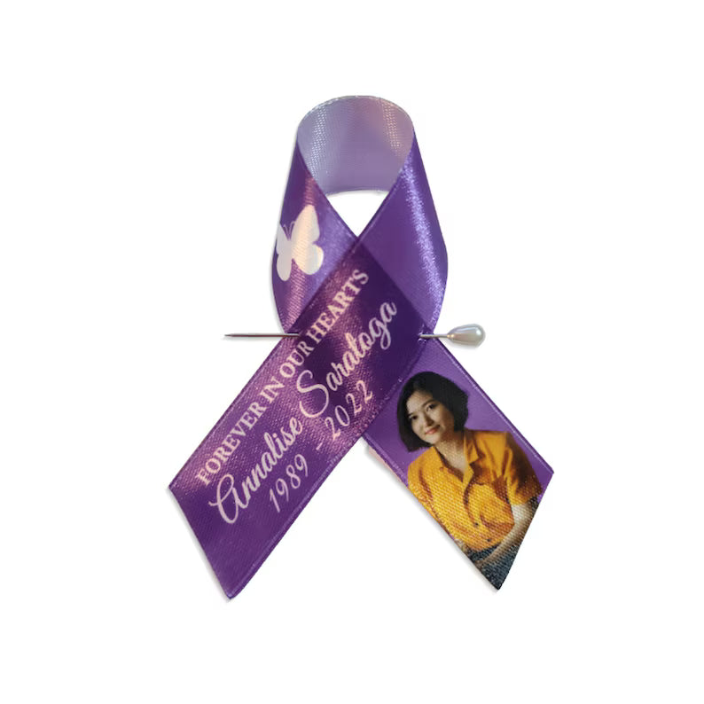 Custom Celebration of Life Ribbon with Pins – Personalized Funeral Favor with Picture